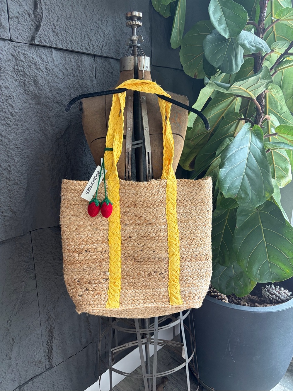 Handwoven Straw Tote with Yellow Straps and Cherry Charm